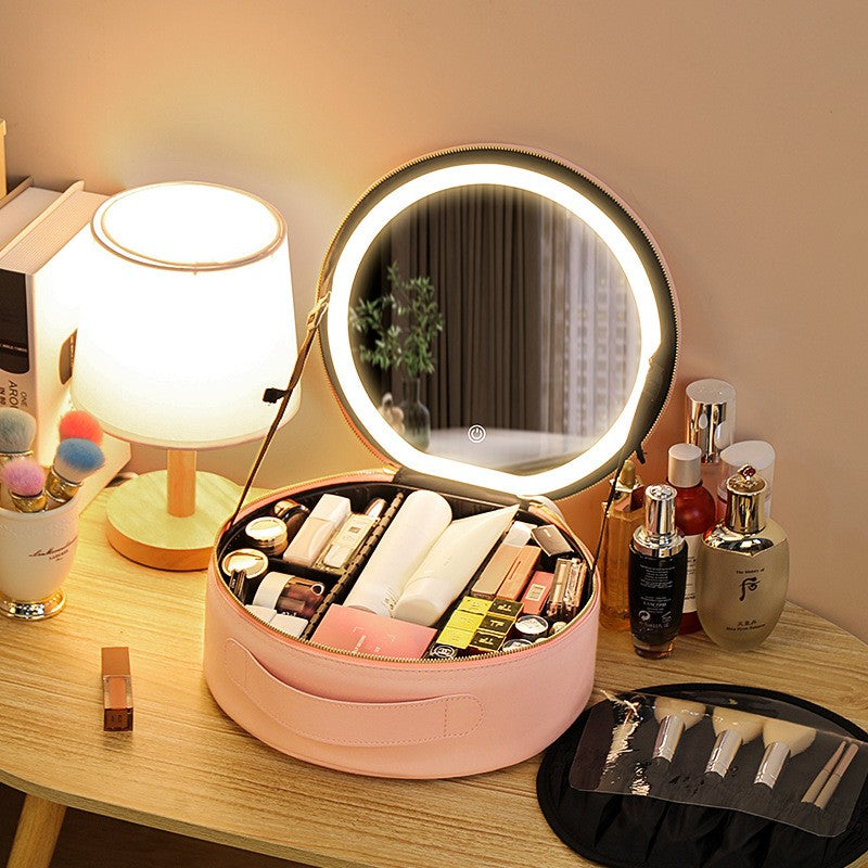 Round Smart LED Makeup Bag with Mirror Lights – Large Capacity PU Leather Cosmetic Organizer for Travel
