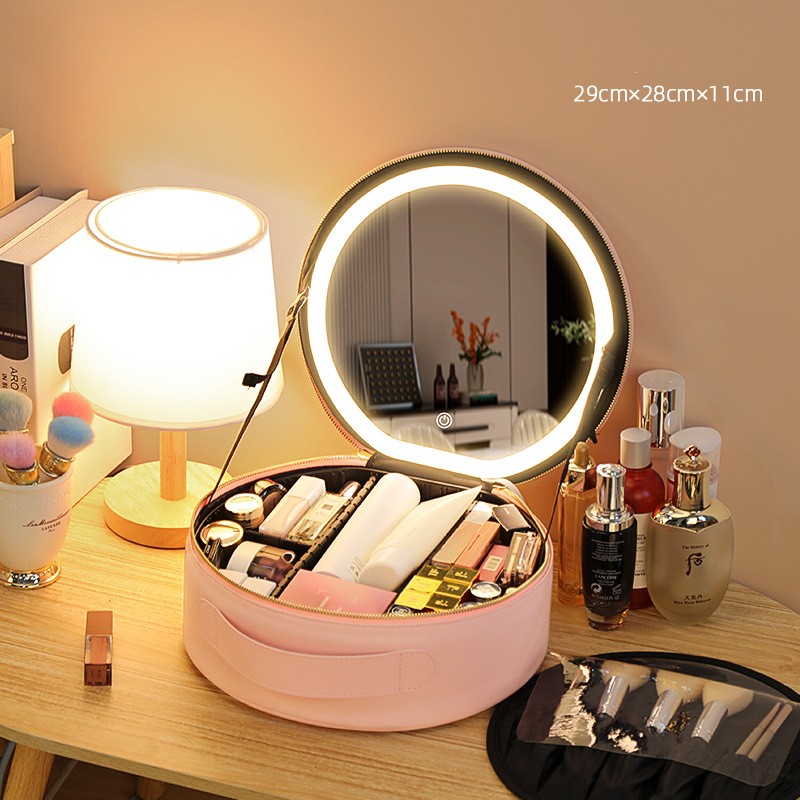 Round Smart LED Makeup Bag with Mirror Lights – Large Capacity PU Leather Cosmetic Organizer for Travel