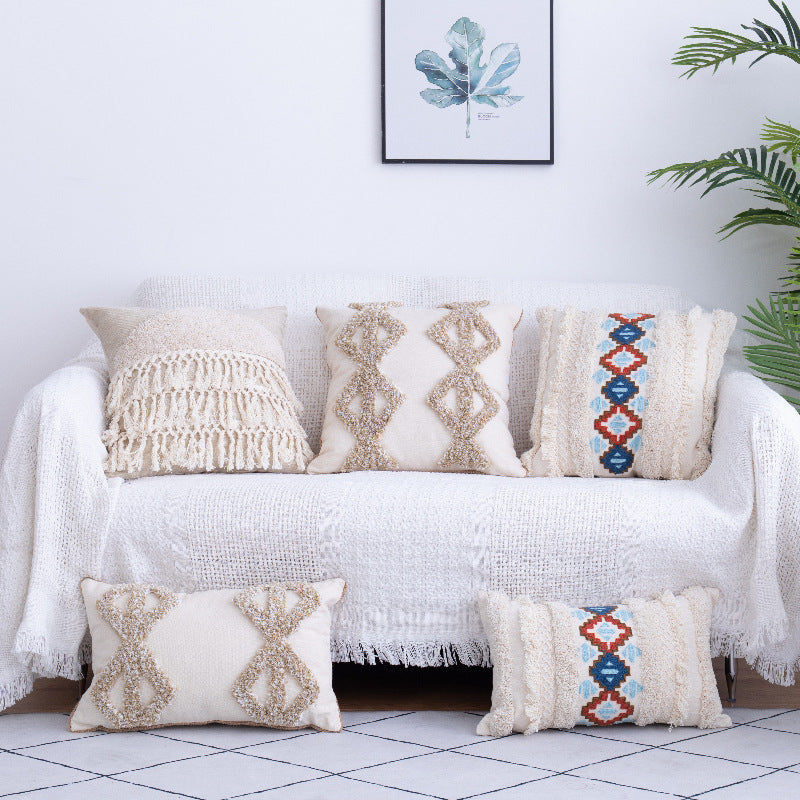 Tufted Moroccan Throw Pillow Case - Cotton with Fringed Waist Design