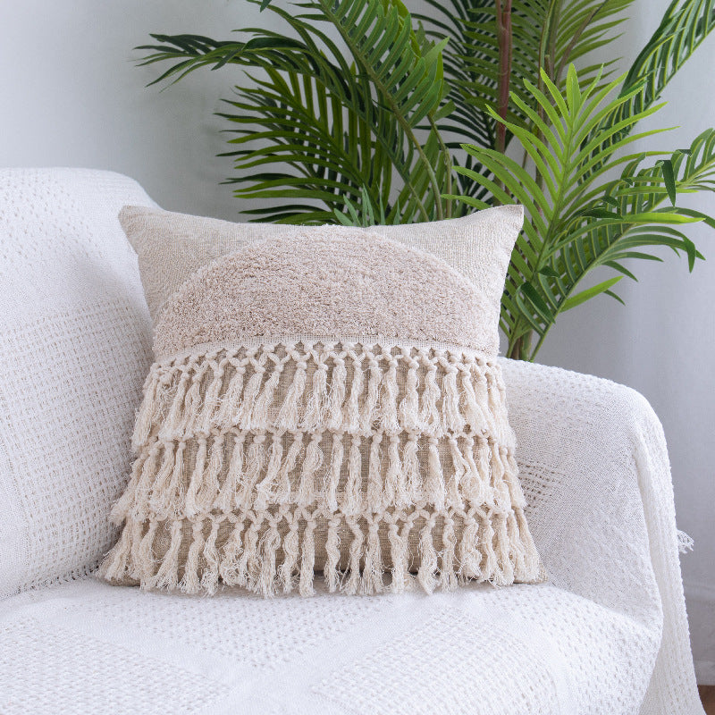 Tufted Moroccan Throw Pillow Case - Cotton with Fringed Waist Design