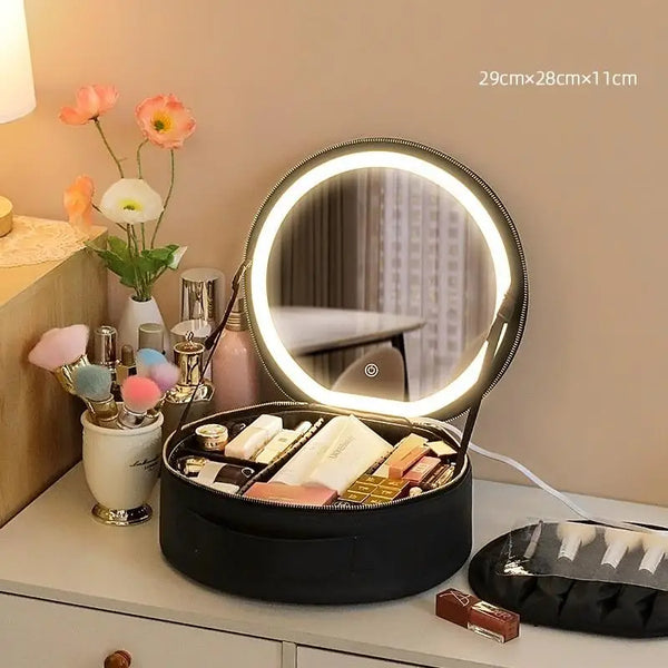 Round Smart LED Makeup Bag with Mirror Lights – Large Capacity PU Leather Cosmetic Organizer for Travel