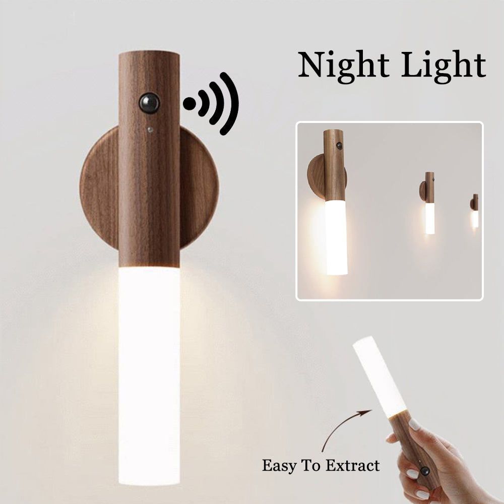 Auto LED USB Magnetic Wood Night Light – PIR Motion Sensor Wall & Cabinet Lamp