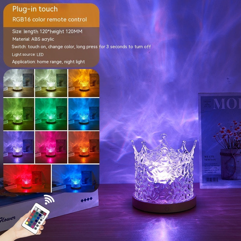 LED Water Ripple Ambient Night Light – USB Rotating Crystal Table Lamp, 16 Colors, Dimmable