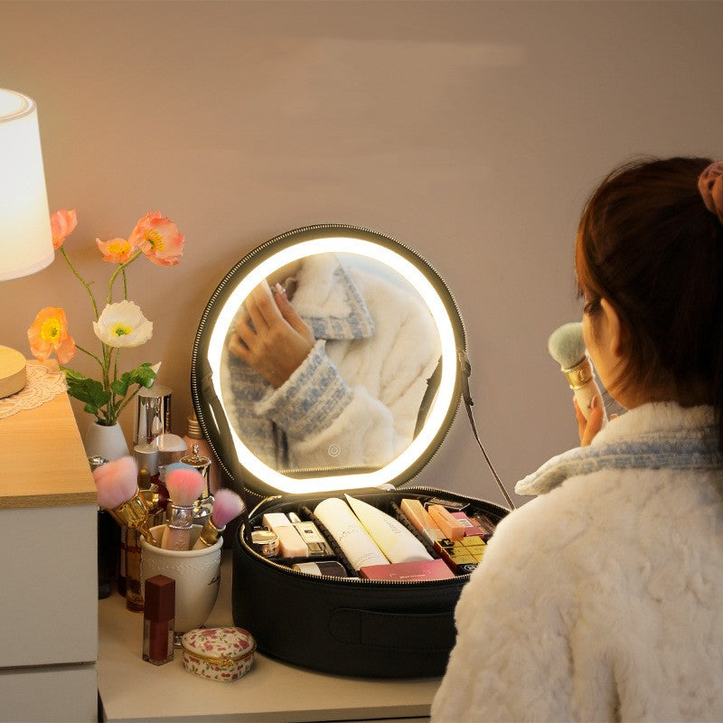 Round Smart LED Makeup Bag with Mirror Lights – Large Capacity PU Leather Cosmetic Organizer for Travel