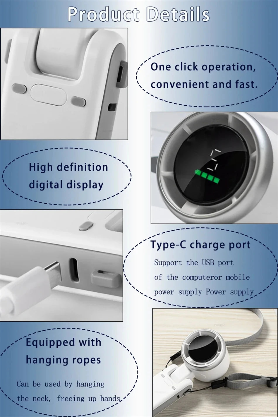 Portable Mini Handheld Fan – 5-Speed Turbo USB Rechargeable, Foldable Bladeless Pocket Fan