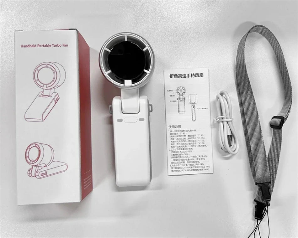 Portable Mini Handheld Fan – 5-Speed Turbo USB Rechargeable, Foldable Bladeless Pocket Fan