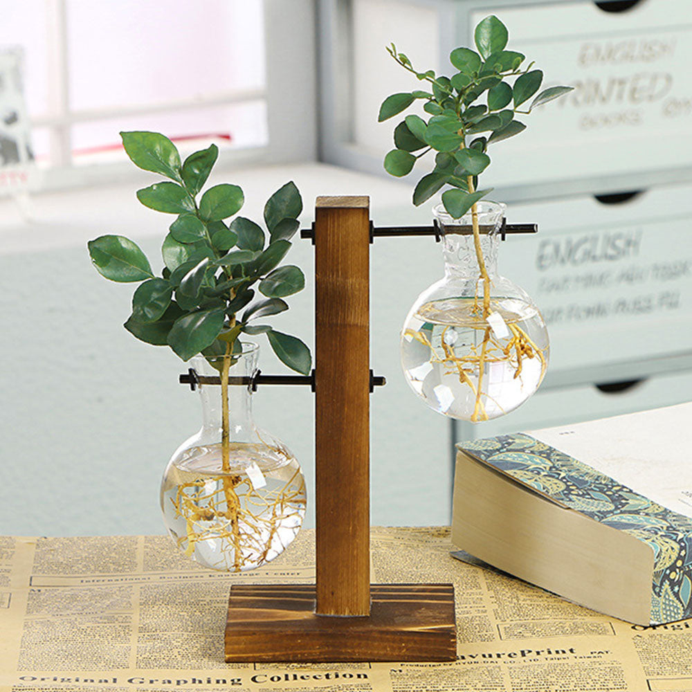 Creative Glass Bulb Planter Vase with Wooden Stand – Hydroponic Tabletop Decor