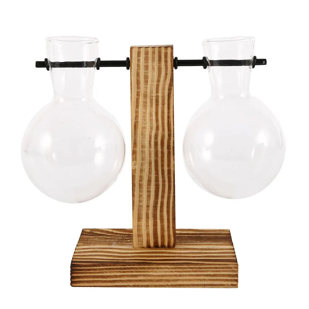 Creative Glass Bulb Planter Vase with Wooden Stand – Hydroponic Tabletop Decor