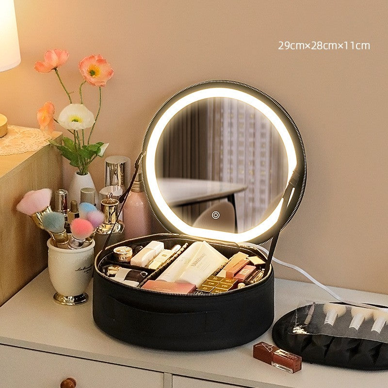 Round Smart LED Makeup Bag with Mirror Lights – Large Capacity PU Leather Cosmetic Organizer for Travel