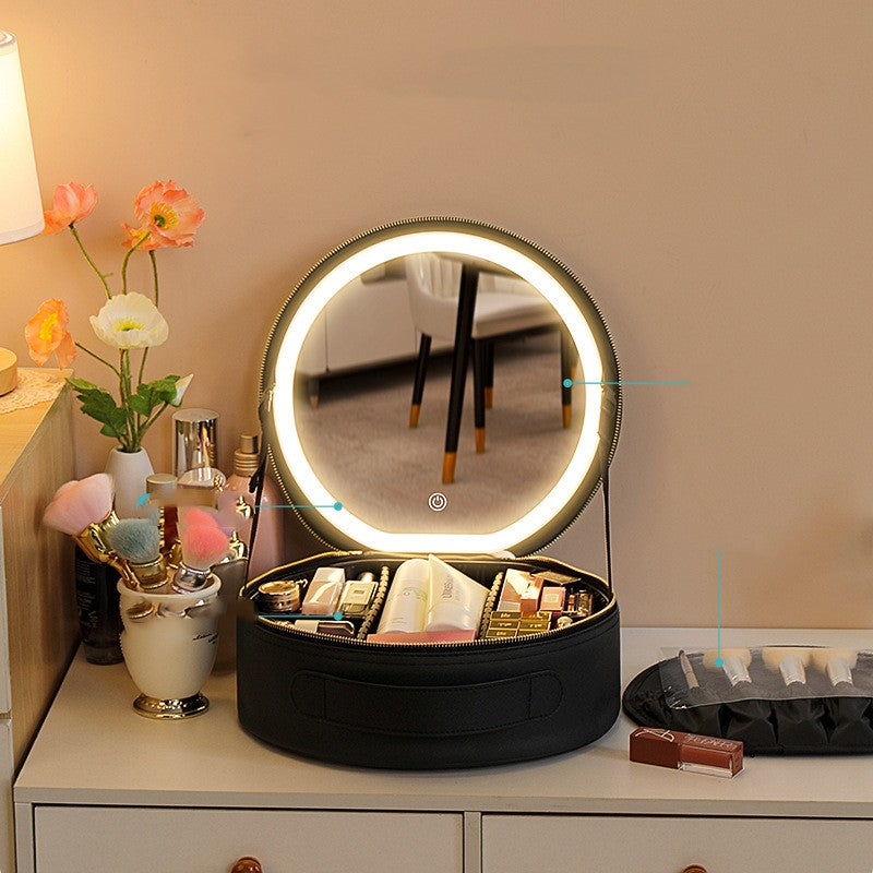 Round Smart LED Makeup Bag with Mirror Lights – Large Capacity PU Leather Cosmetic Organizer for Travel