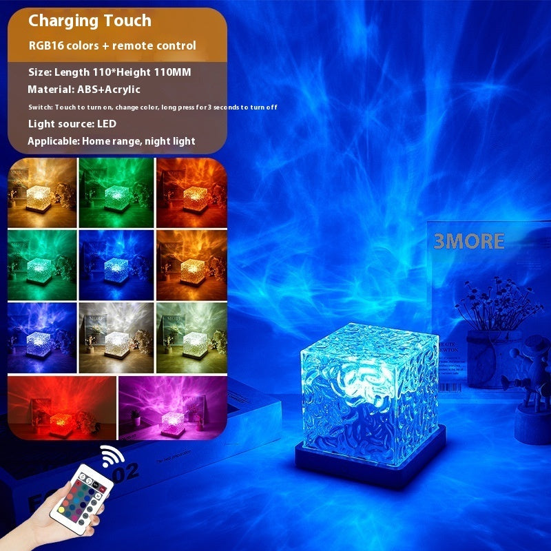 LED Water Ripple Ambient Night Light – USB Rotating Crystal Table Lamp, 16 Colors, Dimmable