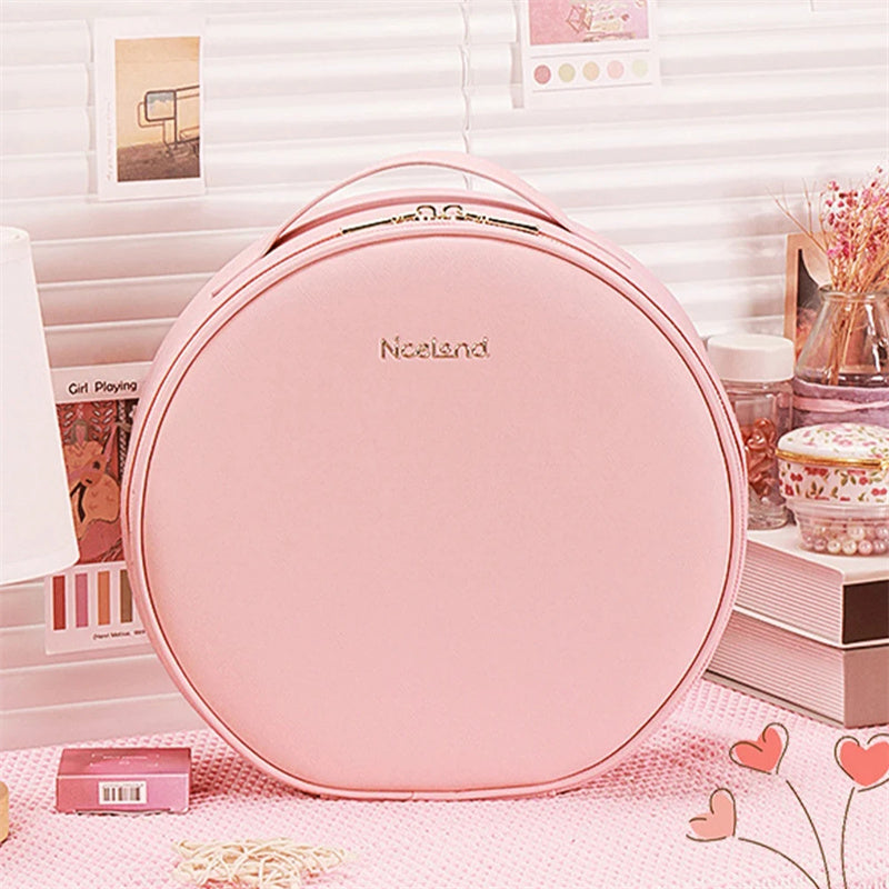 Round Smart LED Makeup Bag with Mirror Lights – Large Capacity PU Leather Cosmetic Organizer for Travel